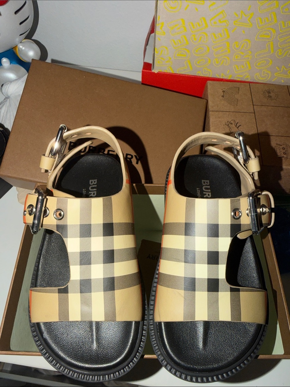 Burberry Beige Nova Check Kids Sandals with Black Footbed
